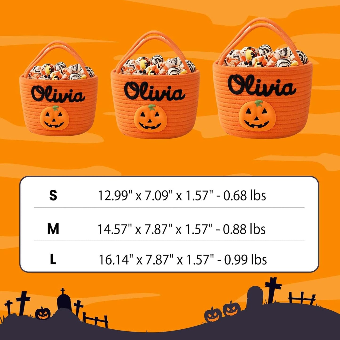 Personalized Halloween Trick or Treat Basket with Name – Custom Woven Candy Bag, Pumpkin or Ghost Bucket for Kids, Boys & Girls