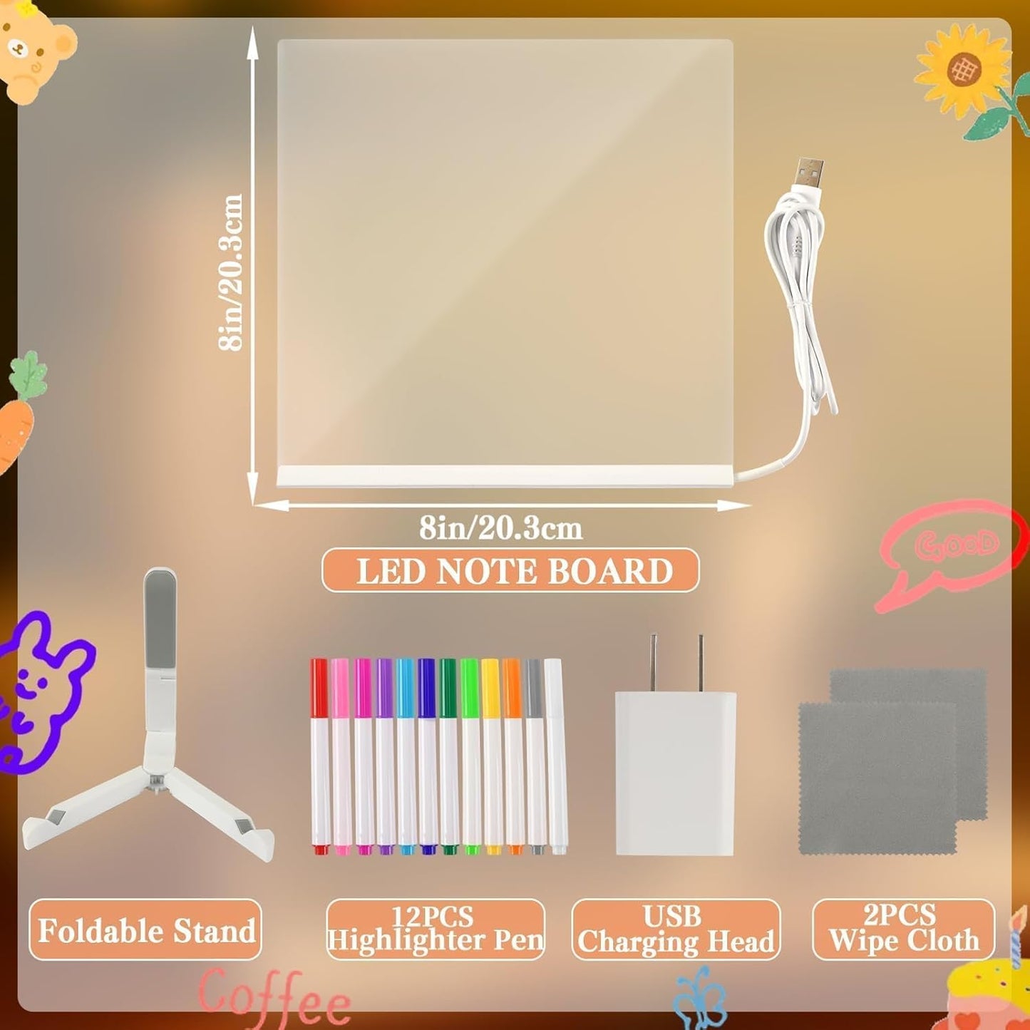 LED Note Board with 12 Colors Markers, 8x8 Inch Light up Acrylic Dry Erase Board Glow Drawing Writing Board with Stand Led Message Memo Board for Office School Home Bedroom Kitchen