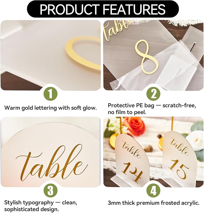 SHINVALE Arch Acrylic Wedding Table Numbers 1-15 with Gold Foil Font – Frosted Finish, Elegant Modern Design with Stands, Easy Assembly Table Signs for Weddings, Parties & Events