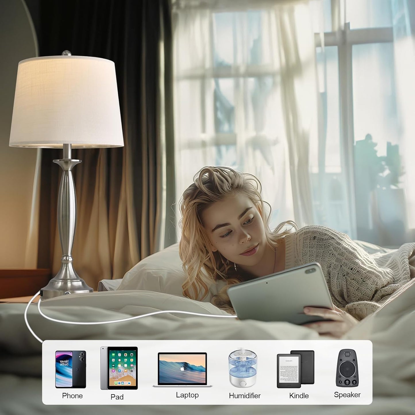 Oneach 28“Table Lamps Set of 2, 3-Way Dimmable Touch Control Bedside Lamps, USB Living Room Lamps, Modern Lamps for Living Room Bedroom Nightstand Silver (Bulb Included)