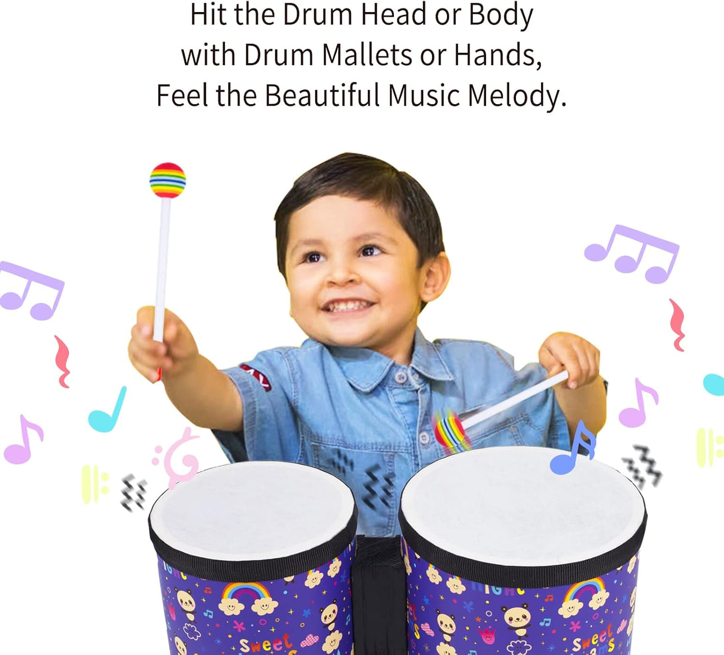 Bongo Floor Tom Drums Set for Kids: Children Drum Percussion Music Instrument with 2 Mallets for Children- Preschool Montessori Floor Babies Drum (Rainbow 5" to 6")