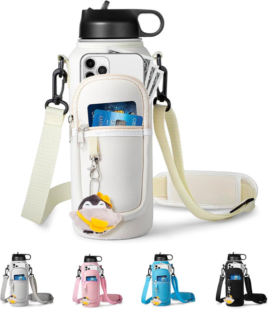 Water Bottle Holder with Strap for Hydroflask 32oz 40oz, Carrier Sling Bag with Phone Pocket Sleeve for Men Women Hiking Camping Travelling（Cream32oz）