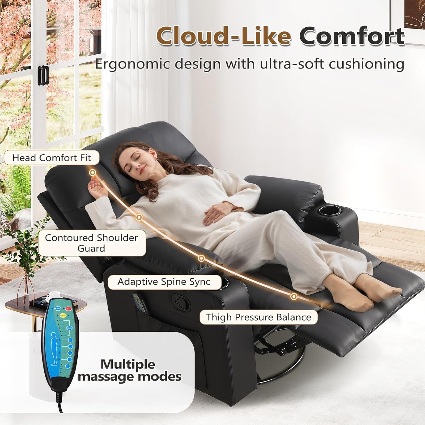 ANJ Swivel Rocker Recliner Chair Set of 2, Brown PU Leather, Manual 3-Position Reclining with Massage & Heat, Cup Holders for Living Room