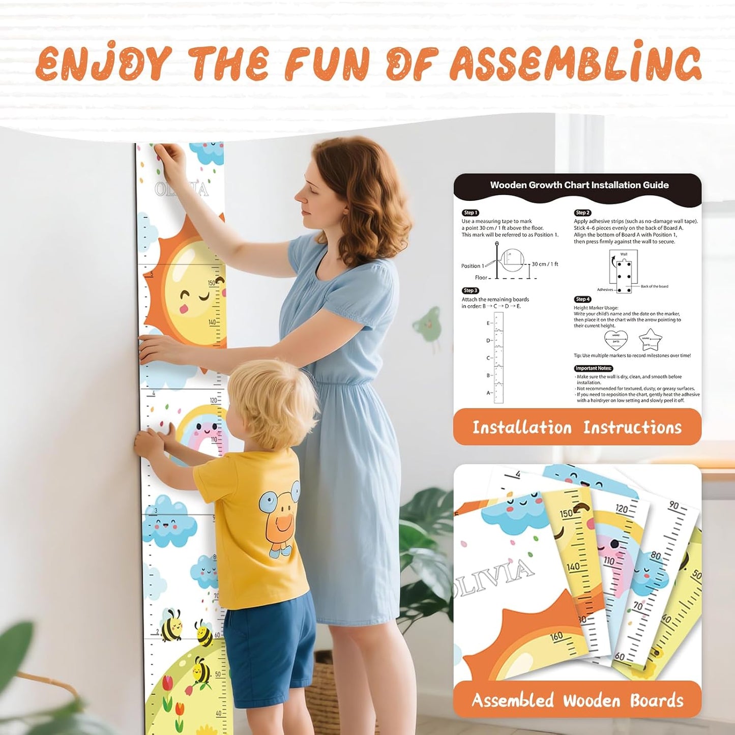 Personalized Name Growth Chart for Wall, Sun Rainbow Height Chart for Kids, No-Drill Growth Chart for Wall, Perfect as Kids Room Decor & Thoughtful Birthday Gift for Boys and Girls