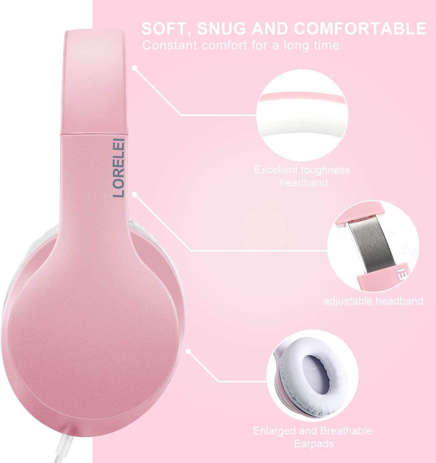 LORELEI X6 Over-Ear Headphones with Microphone, Lightweight Foldable & Portable Stereo Bass Headphones with 1.45M No-Tangle, Wired Headphones for Smartphone Tablet MP3 / 4 (Pearl Pink)