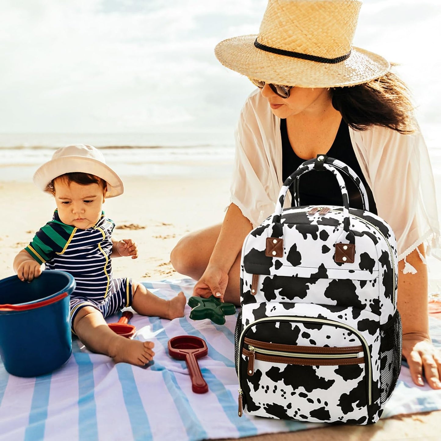 Large Capacity Baby Diaper Bag Backpack with Insulated Pockets, Waterproof, Stylish Cow Print Design, Suitable for Boys and Girls