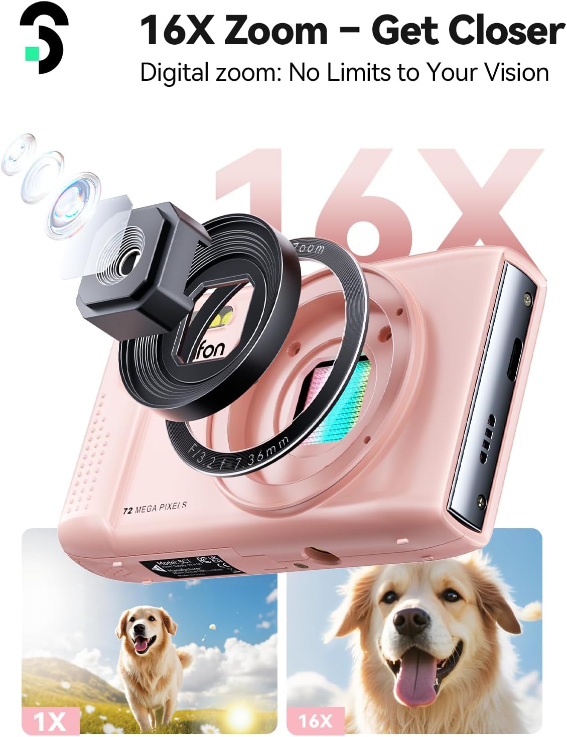 SOOMFON Digital Camera - Max 72MP Point and Shoot Kids Cameras with 16X Zoom, 32G TF Card, 2 Batteries and Card Reader, Compact Pink Digital Camera for Kids Teens Beginners