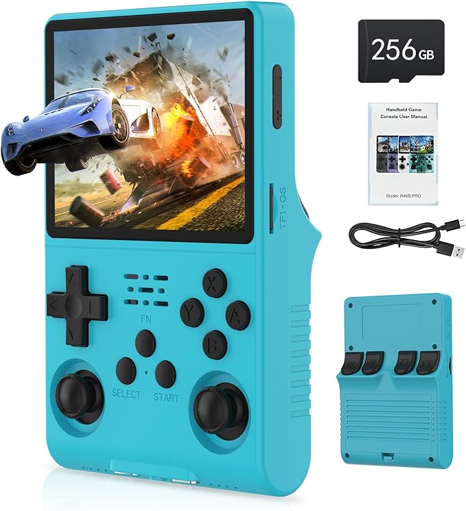 FVBADE[30000 in 1] R40S PRO Handheld Game Console 3.5 inch IPS Screen Mini Retro Console 3800mAh Portable Pocket Arcade 45+ Mainstream Emulator 256G TF Card Transparent.(Blue)