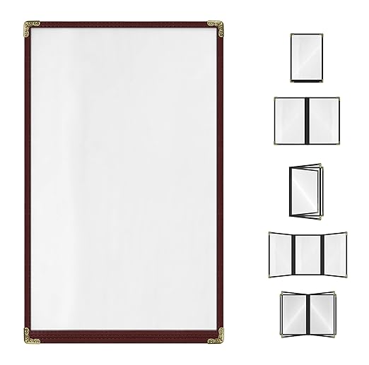 Goodsmart Restaurant Menu Covers – 25 Pack Burgundy 2-View, Top-Loading Menu Holders, Vinyl & Plastic Café Menu Covers, Clear Menu Sleeves, Fits 11" x 17" & 8.5" x 11", Gold Corners