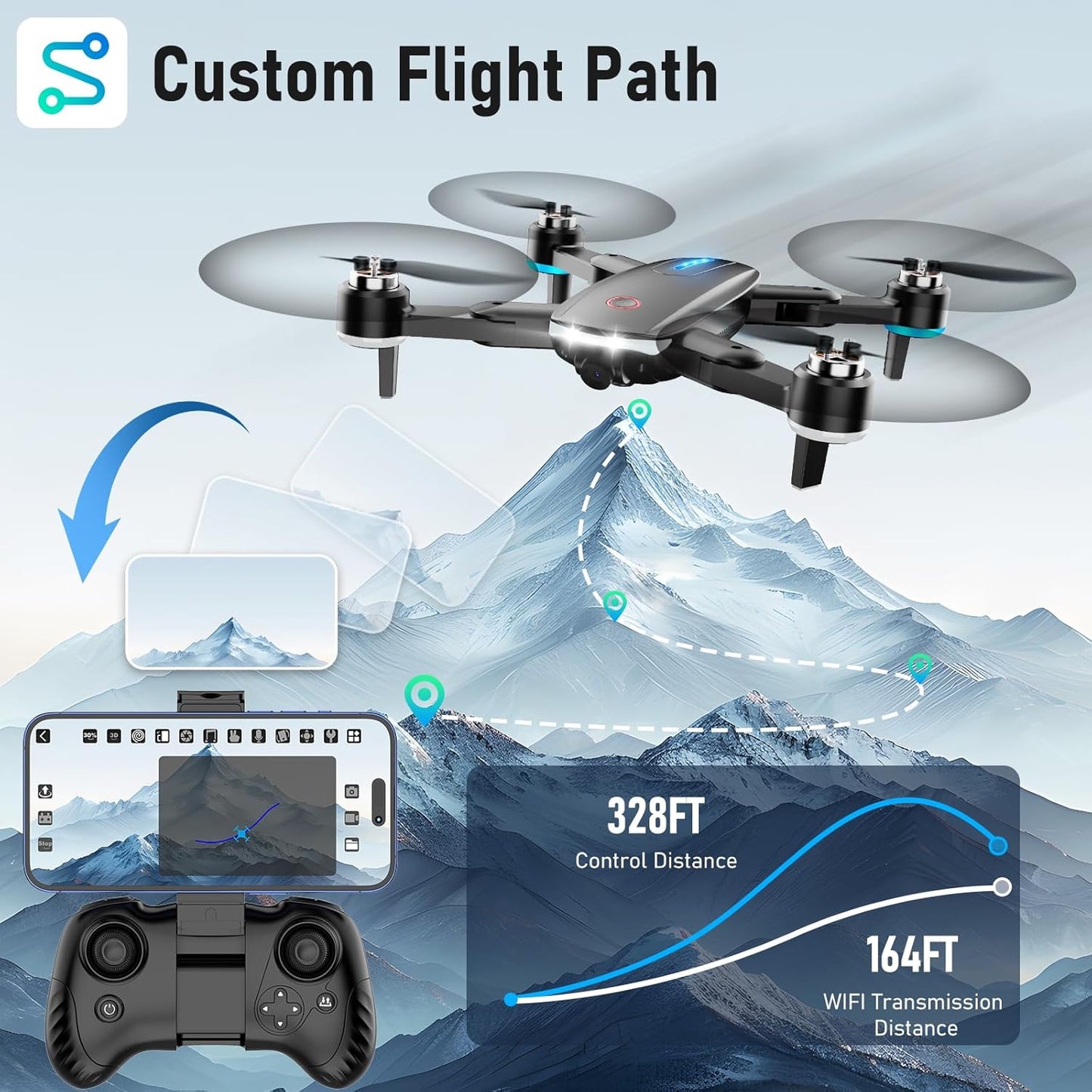 Drone with Camera, 1080P HD FPV Foldable Drone with Brushless Motor Optical Flow, One Key Take Off/Land, 360° Flip, Waypoint Fly, Gesture Selfie, 2 Batteries, Mini Drones for Kids 14+