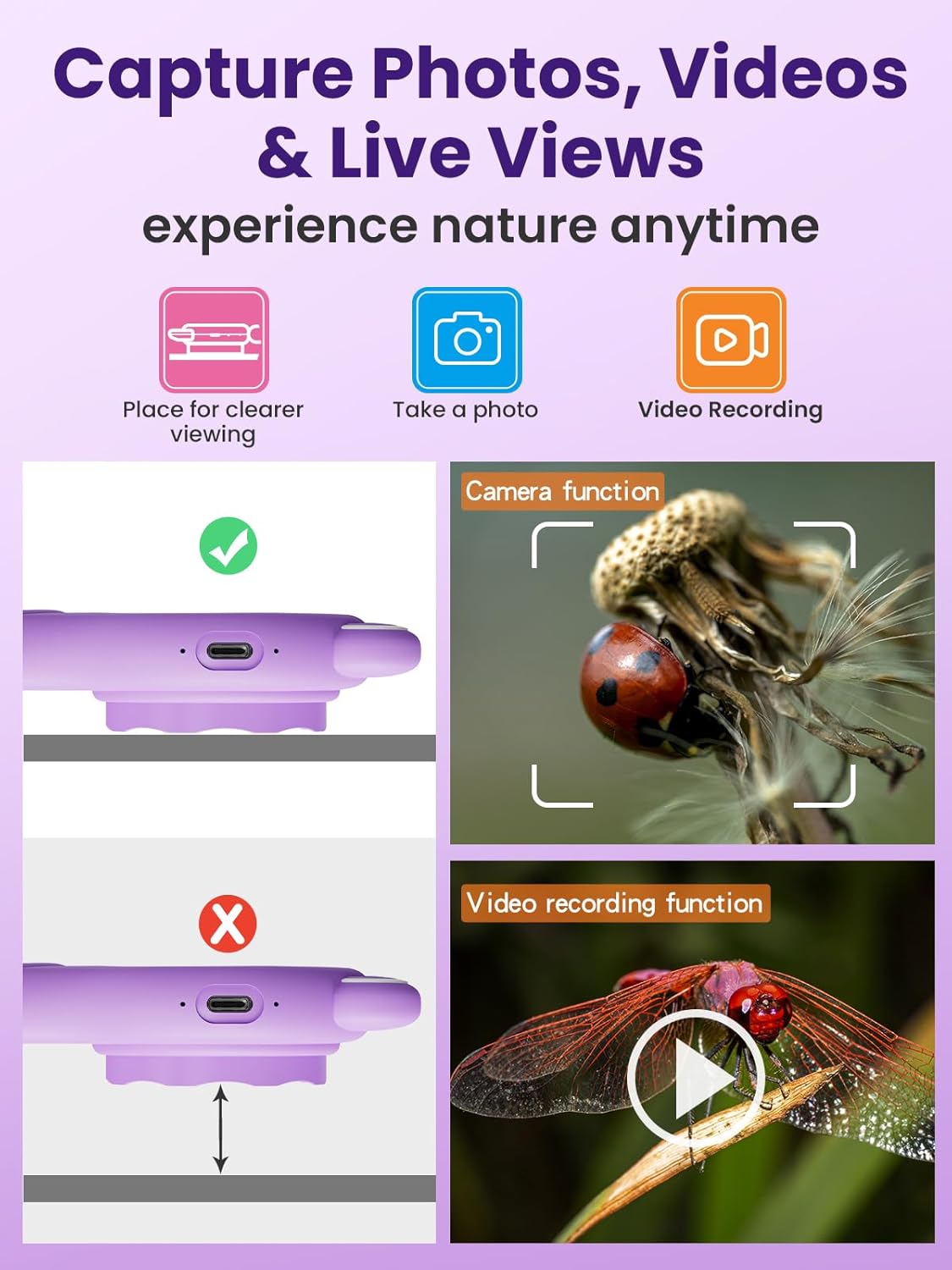 Microscope for Kids, 2 Inch Digital Microscope with 500X Magnifying Glass, 4× Zoom Handheld Camera Mini Pocket Magnification, Educational Science Toys for Ages 3+, Purple