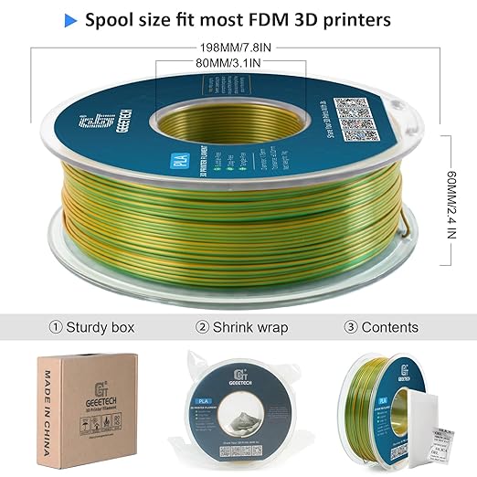 Geeetech 3D Printer Silk PLA Dual Color Filament, Metal-Like Shiny Silk Filament 1.75mm 1kg (2.2lbs) Spool, Dimensional Accuracy +/- 0.02 mm, Silk Yellow Green