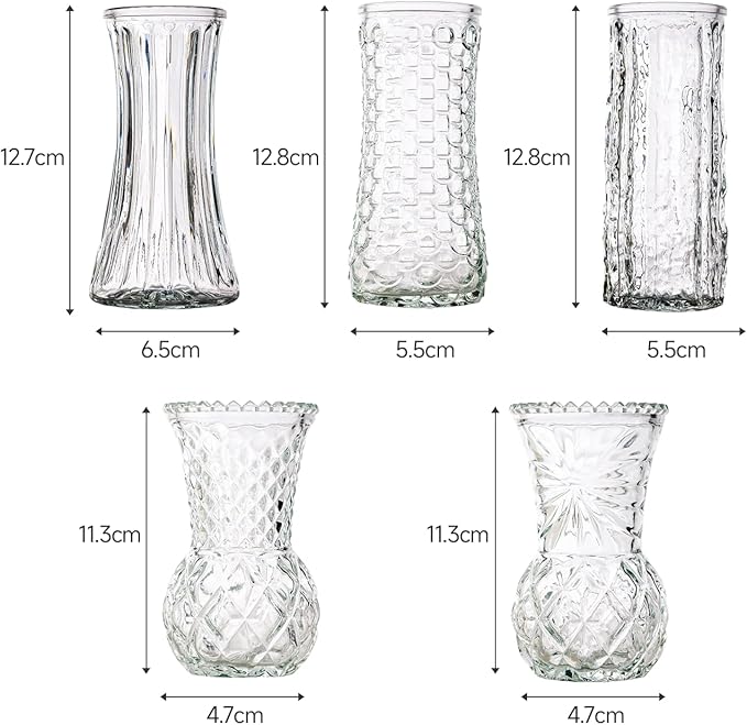Glass Bud Vase, Transparent Cylindrical, Vintage Style, Wedding Centerpiece (Clear, 5 Pcs)