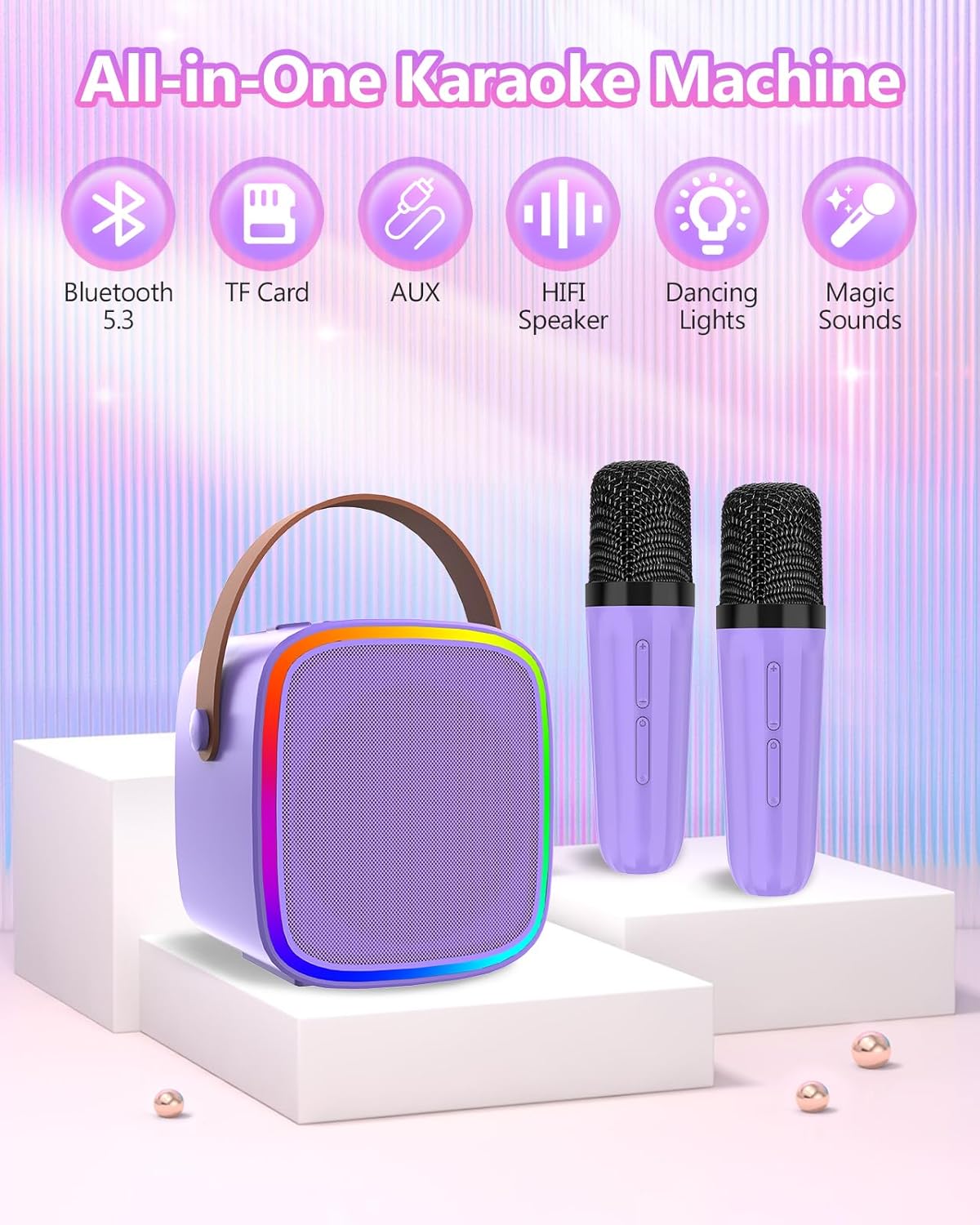 Mini Karaoke Machine with 2 Wireless Microphones, Kids Toys Portable Bluetooth Speaker for Kids Adults Toddler, Christmas Girls Toys for 4 5 6 7 8 9 10 12 Year Old Birthday Gift Ideas (Purple)