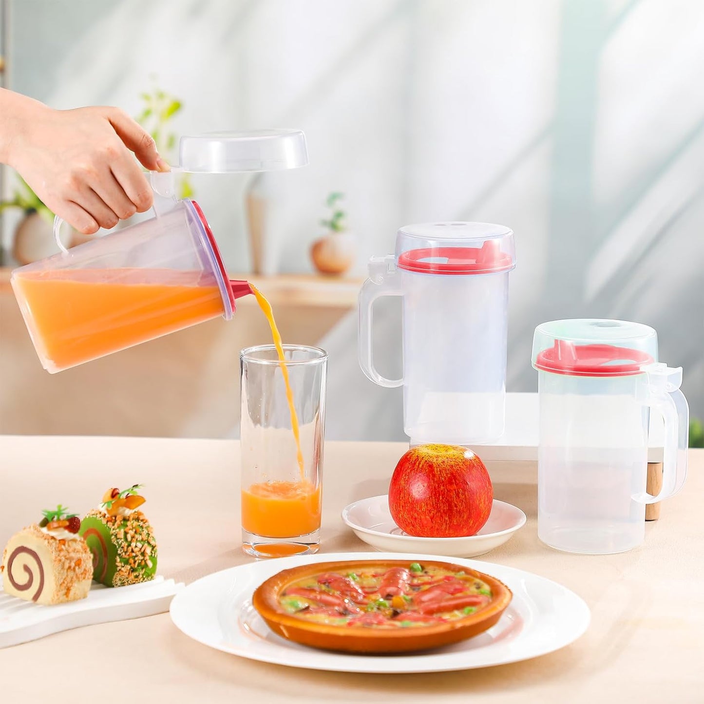 Newtay 6 Pack Early Learning Kids Easy Pouring Mini Pitchers Clear Plastic Pitcher with Lid and Handle Easy Pour Bottles 16 Oz. Jugs with Lids for Classroom Nursery Home (Red)