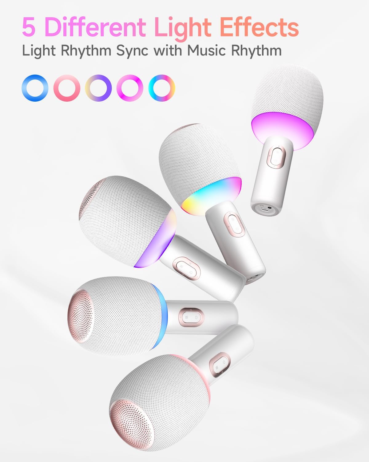 Wireless Bluetooth karaoke Microphone, 5-in-1 Portable Handheld Microphone for iPhone, Karaoke Microfono with Dynamic Lights for Car / Home Party, Music Record, Duet Singing Mic for Kids Adults-White