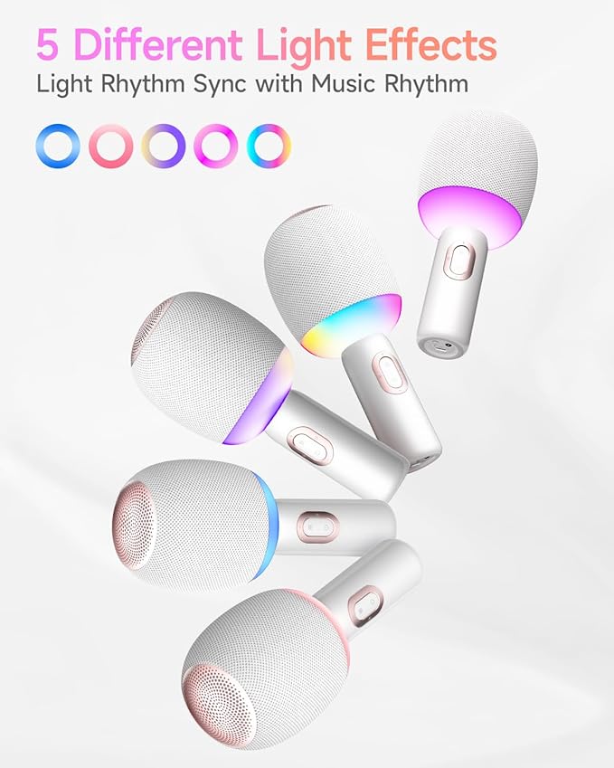 Wireless Bluetooth karaoke Microphone, 5-in-1 Portable Handheld Microphone for iPhone, Karaoke Microfono with Dynamic Lights for Car / Home Party, Music Record, Duet Singing Mic for Kids Adults-White