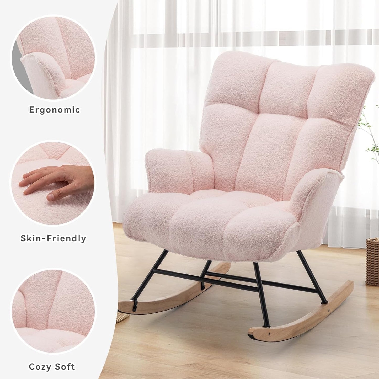 Rocking Chair Nursery Teddy Upholstered Glider Rocker Rocking Accent Chair Padded Seat with High Backrest Armchair Comfy Side Chair for Living Room Bedroom Offices (Pink Teddy)