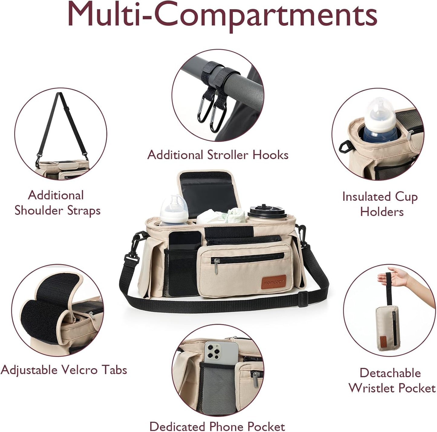 Momcozy Universal Stroller Organizer with Insulated Cup Holder Detachable Phone Bag & Shoulder Strap, Fits for Stroller like Uppababy, Baby Jogger, Britax, BOB, Umbrella and Pet Stroller