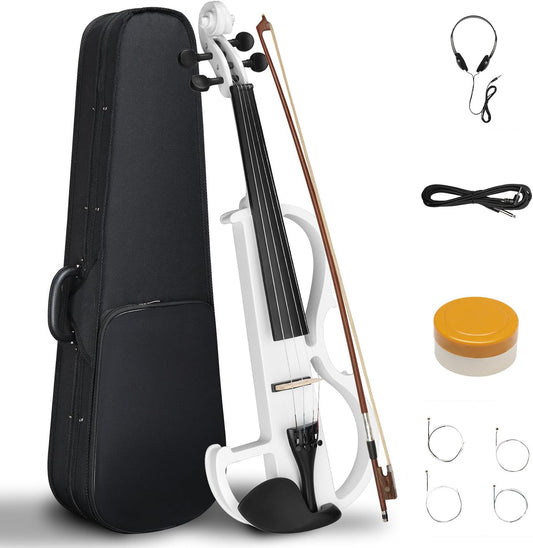 Electric Violin 4/4 Kit,Full Size Beginner Violin for Adults,Students,with Case,Bow, Rosin,Headphones,and Connecting Line,White