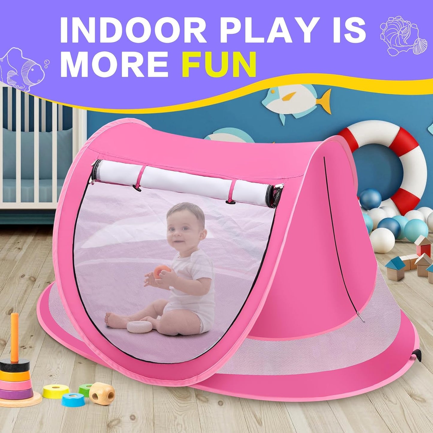 Baby Beach Tent with Baby Hat, Pop Up Toddler Travel Bed with Sun Hat for Boys or Girls, Sun Shade for Toddler Camping, Infant Portable Sun Shade, Summer Beach Baby