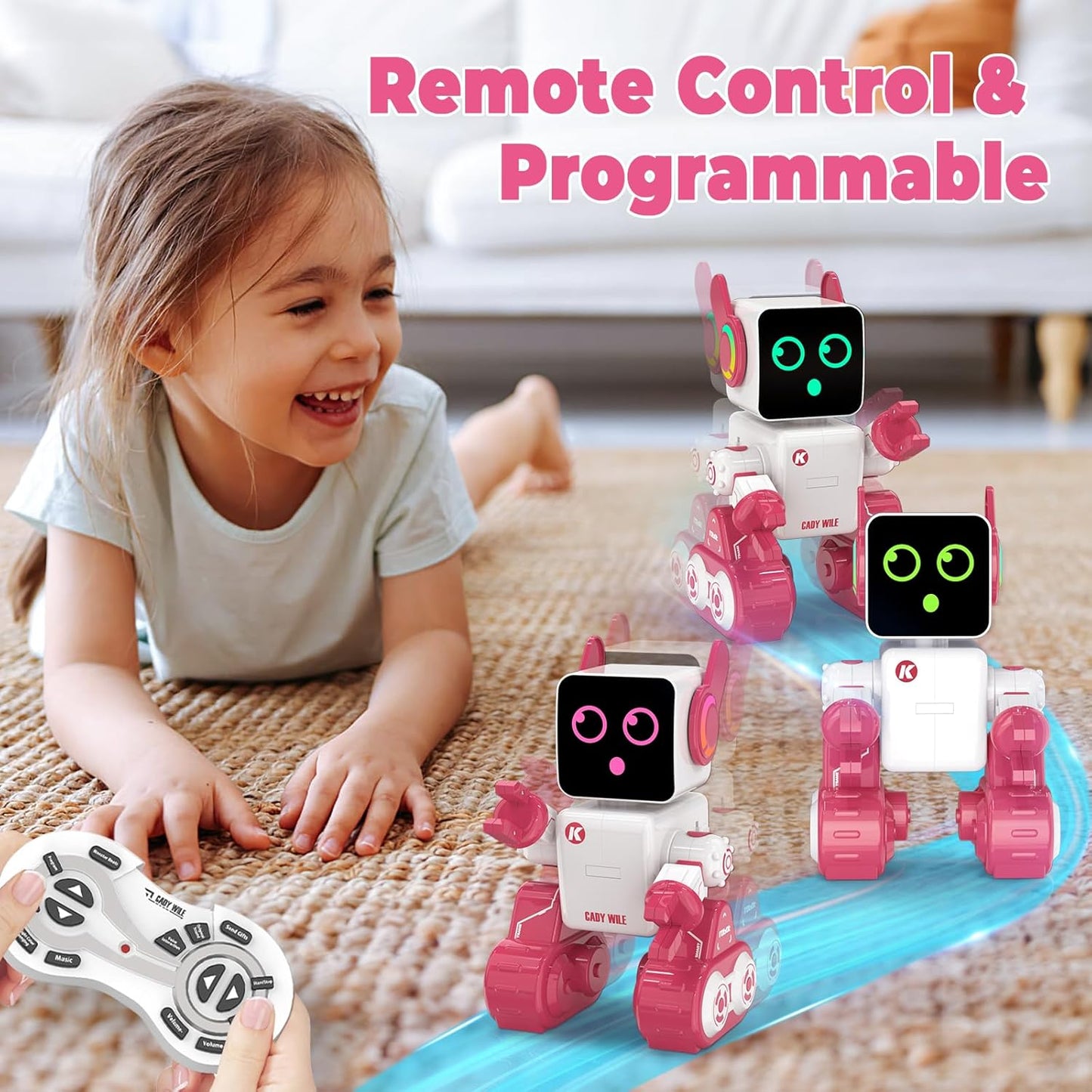 okk Robot Toys for Kids, Programmable Remote Control Robot, Interactive Toys with Coin Bank, LED and Tray, Walking Talking Singing Dancing Gift for Boys Girl（Pink）