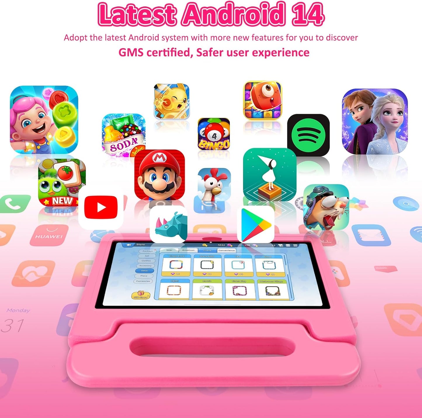 Tablet for Kids, 10.1 inch IPS HD Touchscreen Android 14 64 GB Storage, 8GB RAM, Octa-Core Kids Tablet, Parental Controls, 12-hr Battery, WiFi, GPS - Pink