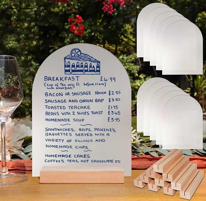 Frosted Blank Arch Acrylic Sign with Wooden Stands - 10 Pack DIY Customizable Sign Kit for Wedding Table Numbers, Restaurant Party Bridal Shower (6x8 Inch)