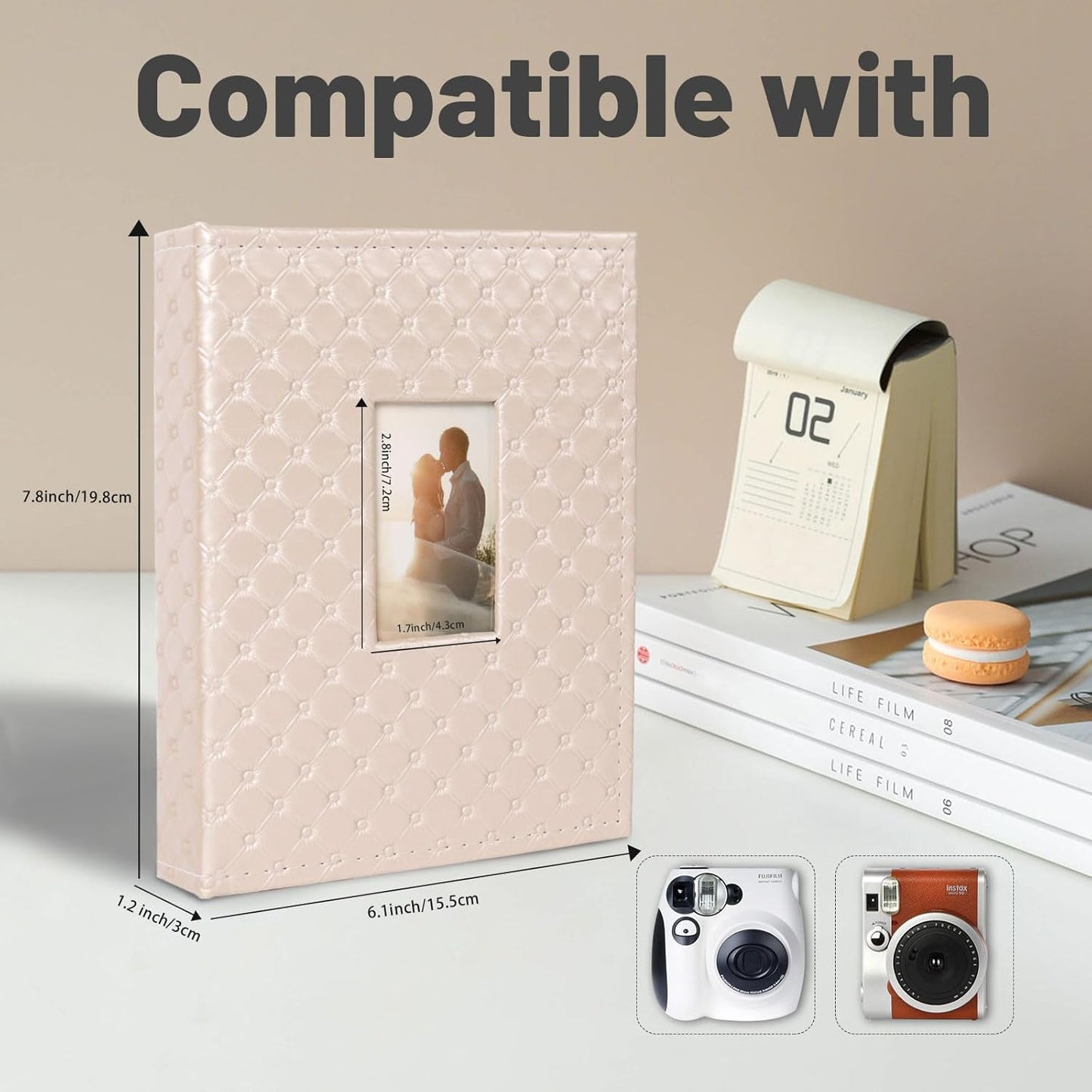 RECUTMS Polaroid Photo Album 208 Photos for Fujifilm Instax Mini Camera, 2x3 Inch Photo Album, Leather Cover with Window, for Instax Mini 12 11 9 40 90 8 7 Evo LiPlay Instant Camera (Champagne)