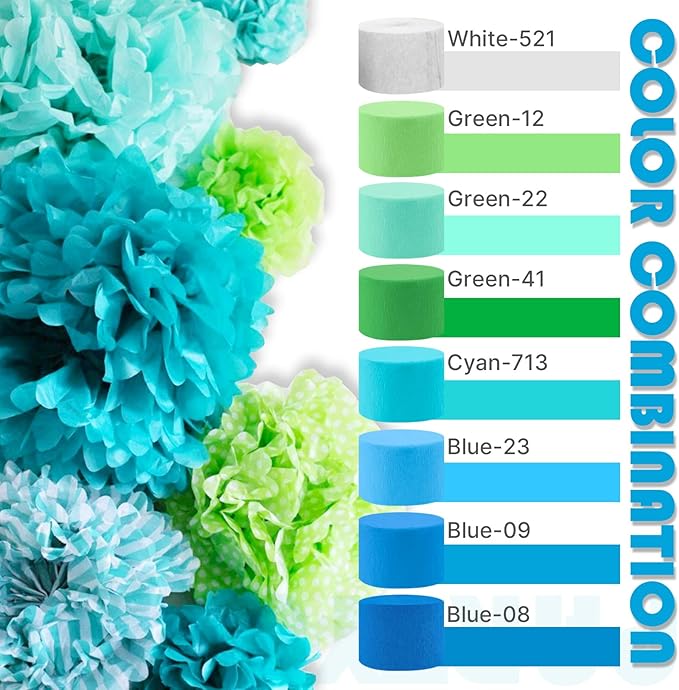 PartyWoo Blue Crepe Paper Streamers 4pcs 328ft Pack of Light Sky Blue Crepe Paper Streamers for Birthday Gender Reveal Baby Shower Graduation Pool Mermaid Under The Sea Theme Party Decorations