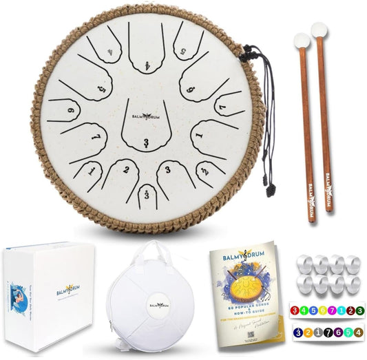 The Balmy Drum - 15 Note 14 Inch Steel Tongue Drum, Steel Drum Instrument, Drums For Children and Adults, Balmy Drum Set for Kids with Music Book, Handpan, Mallet and Carry Bag (White)
