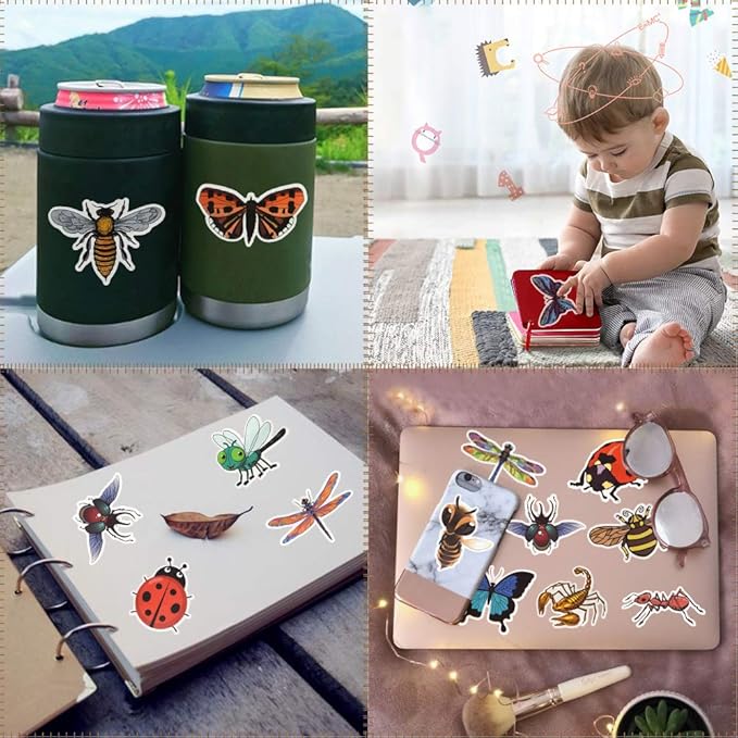 QTL Bug Stickers for Kids Insect Stickers for Water Bottle Bug Party Favors Gifts for Boys Girls Waterproof Vinyl Pack 50Pcs