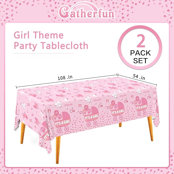 Gatherfun Baby Girl Shower Party Supplies: 2-Pack It’s A Girl Decorations,Disposable Plastic Tablecloth, Ideal Table Cover for Baby Shower Decorations Girl