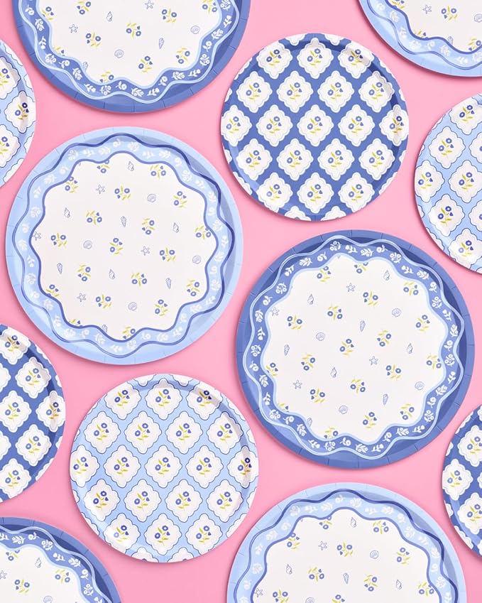 xo, Fetti Blue Coastal Paper Plates | 32 pcs, 2 sizes | Nautical Bachelorette Decorations, Seaside Dinner Party Setting, Beach Birthday Decor, Floral Tablescape