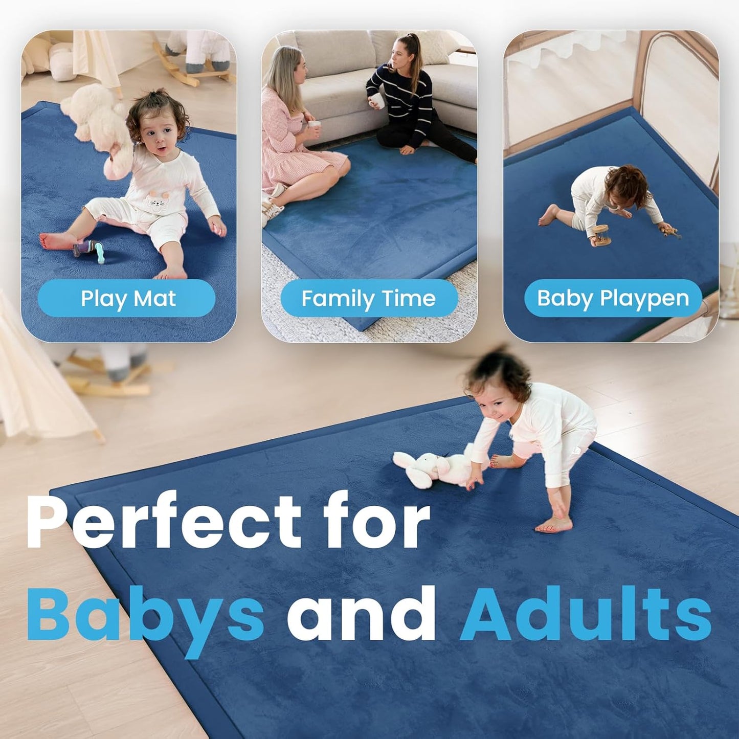 Ultra Soft Baby Play Mat,1.3" Thick Elasti-Foam Tummy Time Mat for Infants,Toddlers,Kids,Water-Repellent Coral Fleece Nursery Rug,Non-Slip Safe for Crawling&Hardwood Floors(Royal Blue)