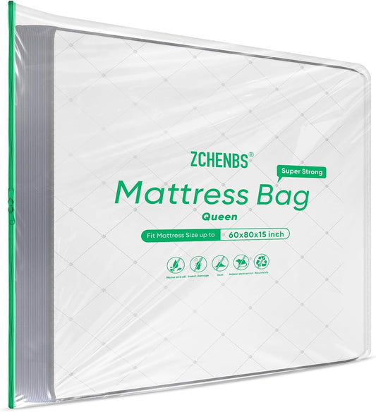 ZCHENBS® – Mattress Bags for Moving and Storage,Mattress Bag with Zippers,5 Mil Ultra-Thick Bed Bag,Waterproof,Anti-Tear,Heavy-Duty Mattress bag (Tansparent/Green, Queen-(1 Pack))
