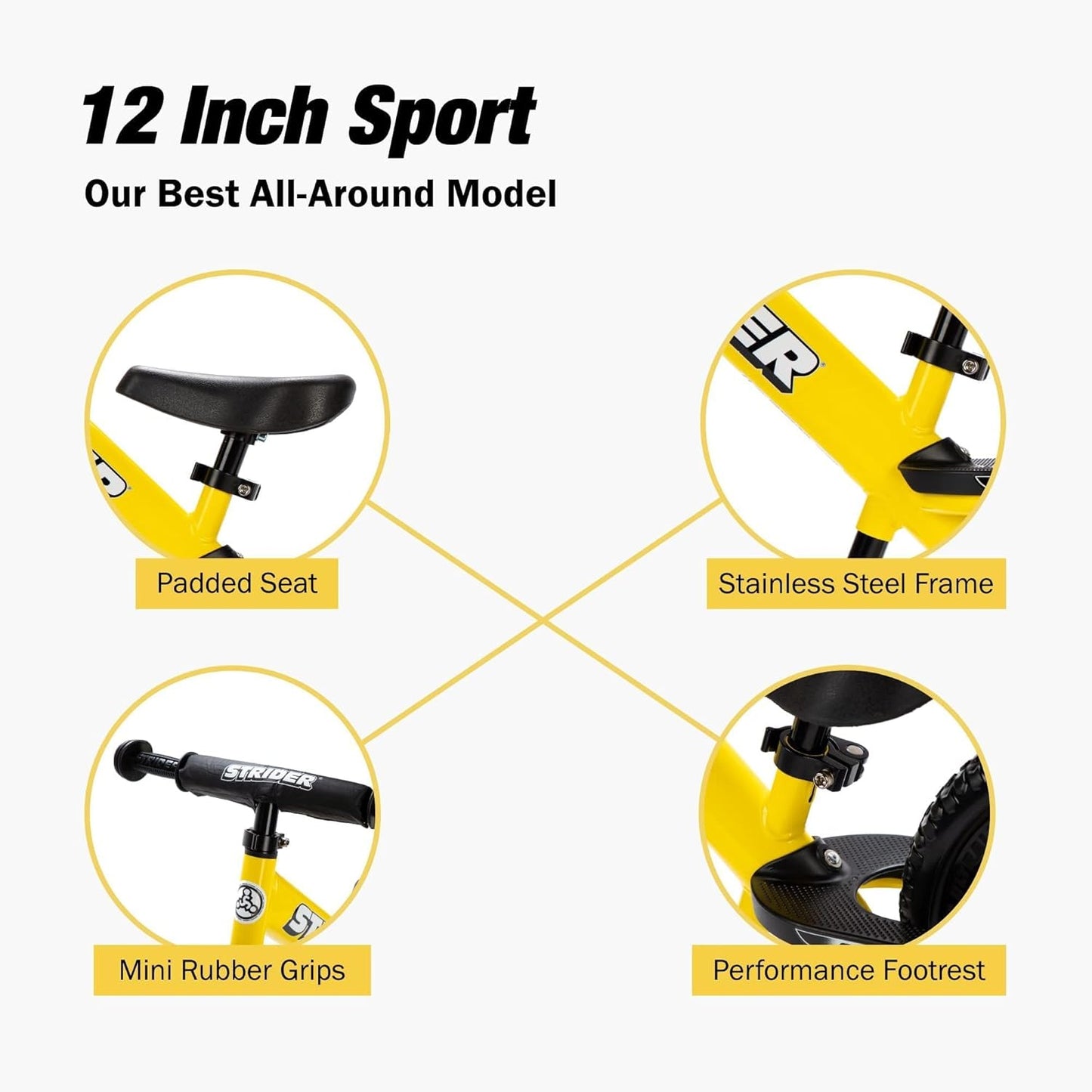 Strider 12” Sport Bike - No Pedal Balance Bicycle for Kids 1 to 4 Years - Includes Safety Pad, Padded Seat, Mini Grips & Flat-Free Tires - Tool-Free Assembly & Adjustments