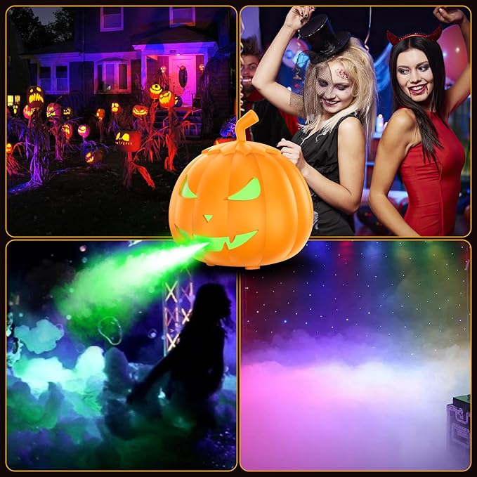 Fog Machine with LED RGB Lights, 800W Halloween Fog Machine with Remote Control, Pumpkin Smoke Machine 12 Colors Lighting Effect for Halloween Band DJ Show Club Outdoor Camping, 4 Pack