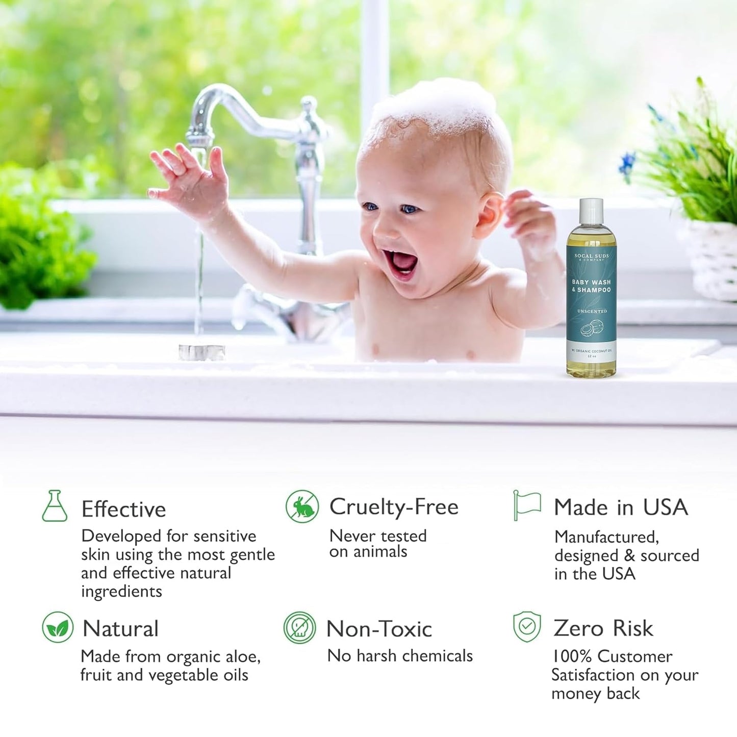 SoCal Suds & Company Baby Shampoo & Body Wash, 2-in-1 Organic Gel - Gentle Castile Soap with Vitamin-Infused Oils & Botanicals - Natural Care for Sensitive Skin Hypoallergenic -12oz Fragrance Free 2Pk