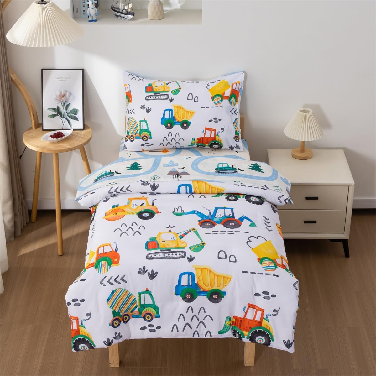 NTBED 4 Pieces Construction Toddler Bedding Set for Baby Boys,Watercolor Truck Vehicles Excavator Cars Printed, Includes Comforter, Flat Sheet, Fitted Sheet and Pillowcase,Multi