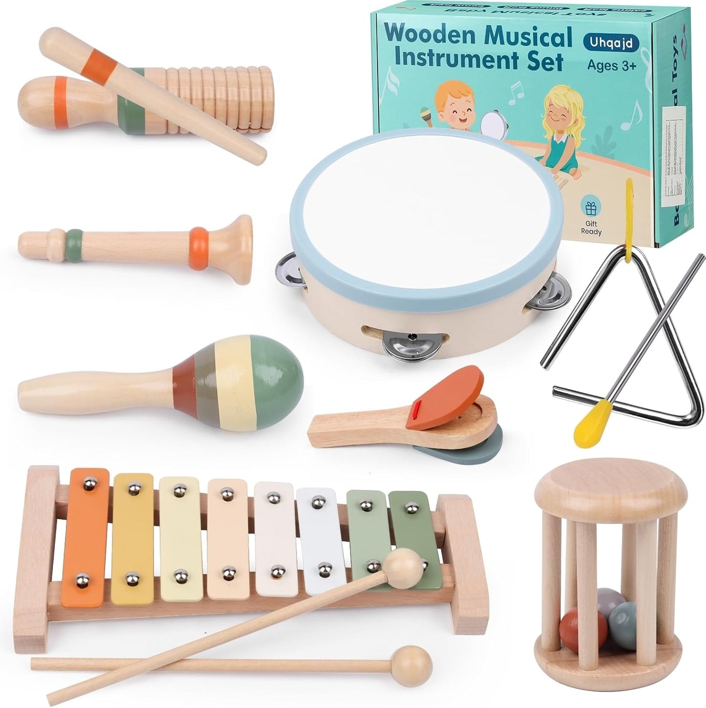 Baby Musical Instruments Set, Montessori Wooden Toys for Toddlers 3+, Neutral Colors Percussion Instruments with Xylophone, Maracas & Tambourine for Kids Preschool Educational and Birthday Gifts