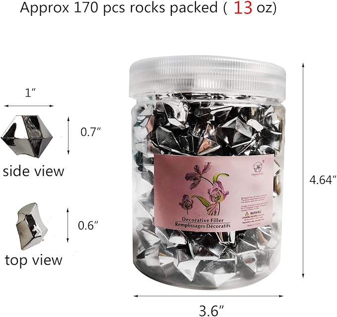 HappyFiller Silver Fake Ice Rocks Cubes Acrylic Gems Treasure Gemstones for Vase Fillers,Wedding Table Scatters,Crafts,Christmas Home Decorations,13 OZ