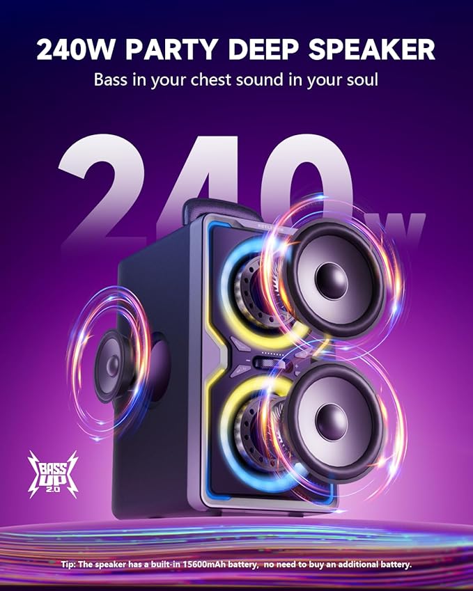 Hotlemon Large Bluetooth Speaker: 240W Peak Powerful Loud Sound with Deep Bass, 15H Playtime, Fast Charge, TWS, Portable Wireless Speakers for Outdoor, Party, Beach, Backyard, Home, Outside (Silver)