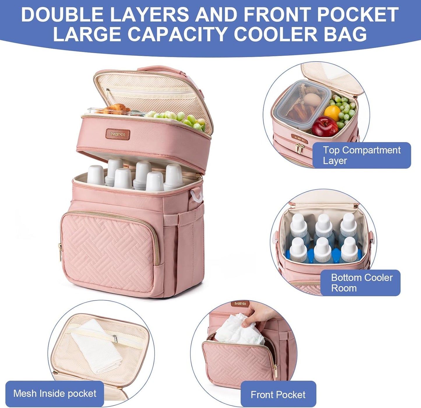Insulated Breastmilk Cooler Bag with Ice Pack - Holds 6x9oz Bottles, Leakproof Double Layer, Baby Bottle Cooler Bag with Adjustable Strap for Nursing Moms, Daycare & Travel