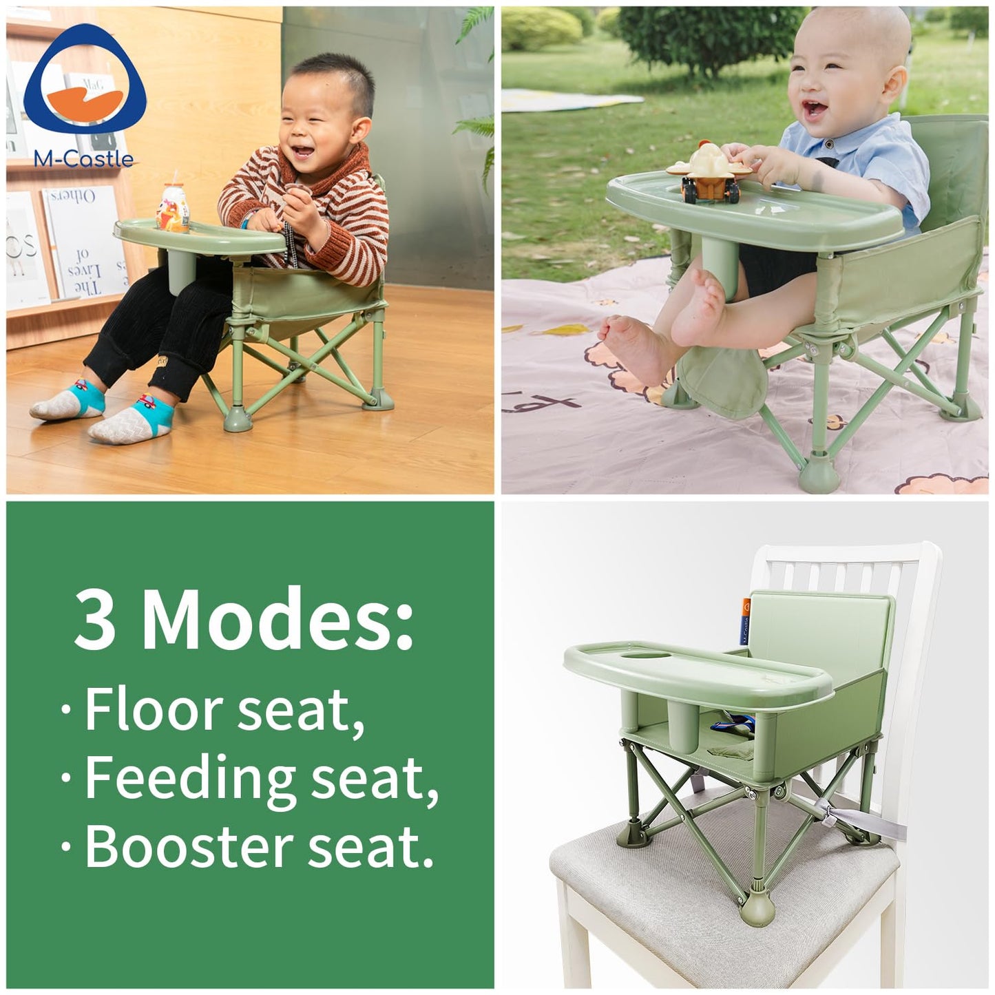 New Portable Travel Booster Seat with Tray|Foldable Infant Seat Booster Dining Chair|Great for Camping, Beach, Lawn|Toddler, Child Camping Chair 6 Months - 3 Years Old (Green)