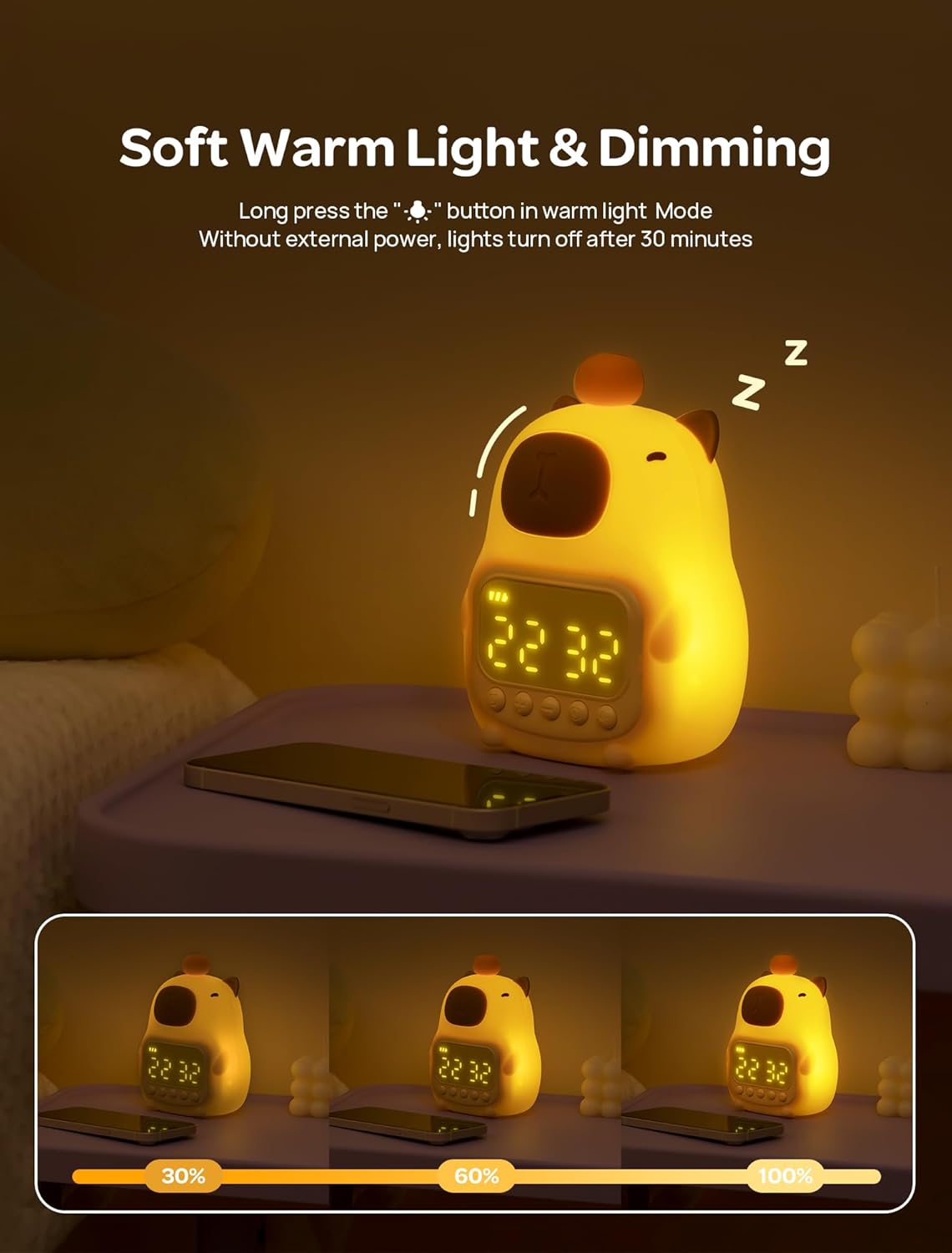 MASHI Capybara Alarm Clock with Night Light, ok to Wake Clock for Kids, Cute Capybara Night Light, Snooze, Toddler Sleep Training Clock,Gift for Kids Girls Boys Teens Birthday Room Decor
