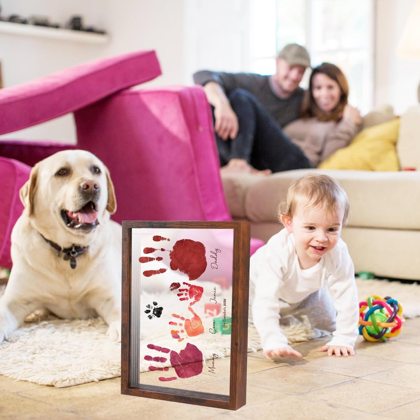 PUDEKO Family Handprint Kit,DIY Colorful Craft Keepsake Family Art Baby Newborn Hand and Footprint Wooden Frame for Home Decor Family Gifts Set(5 Sheets with 8 Colors) (Black)