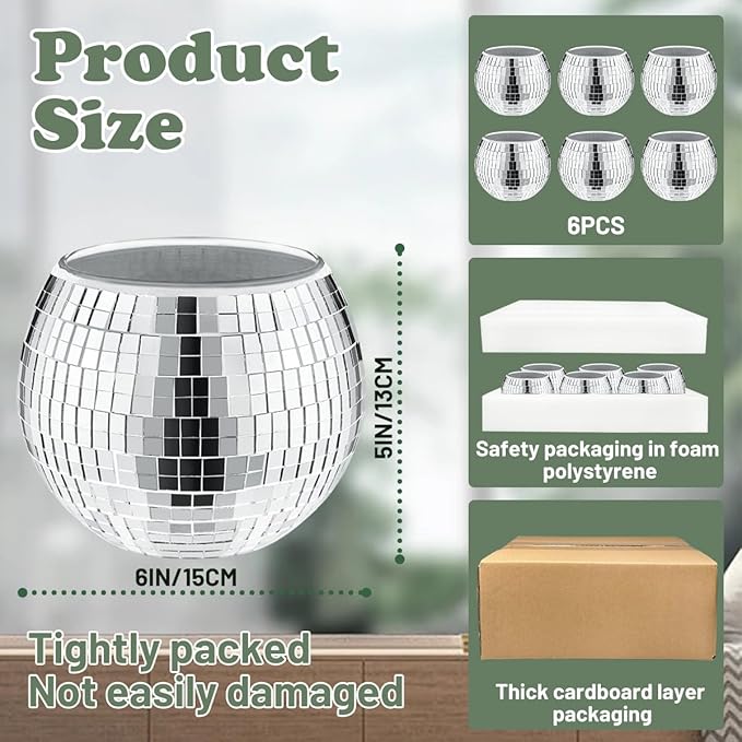 6 Pcs Disco Vase, Silver Mirror Ball Disco Ball Planter 5" X 6" Glass Silver Candle Holder White Vases for Centerpieces Table Decorations Party Wedding Birthday Gift