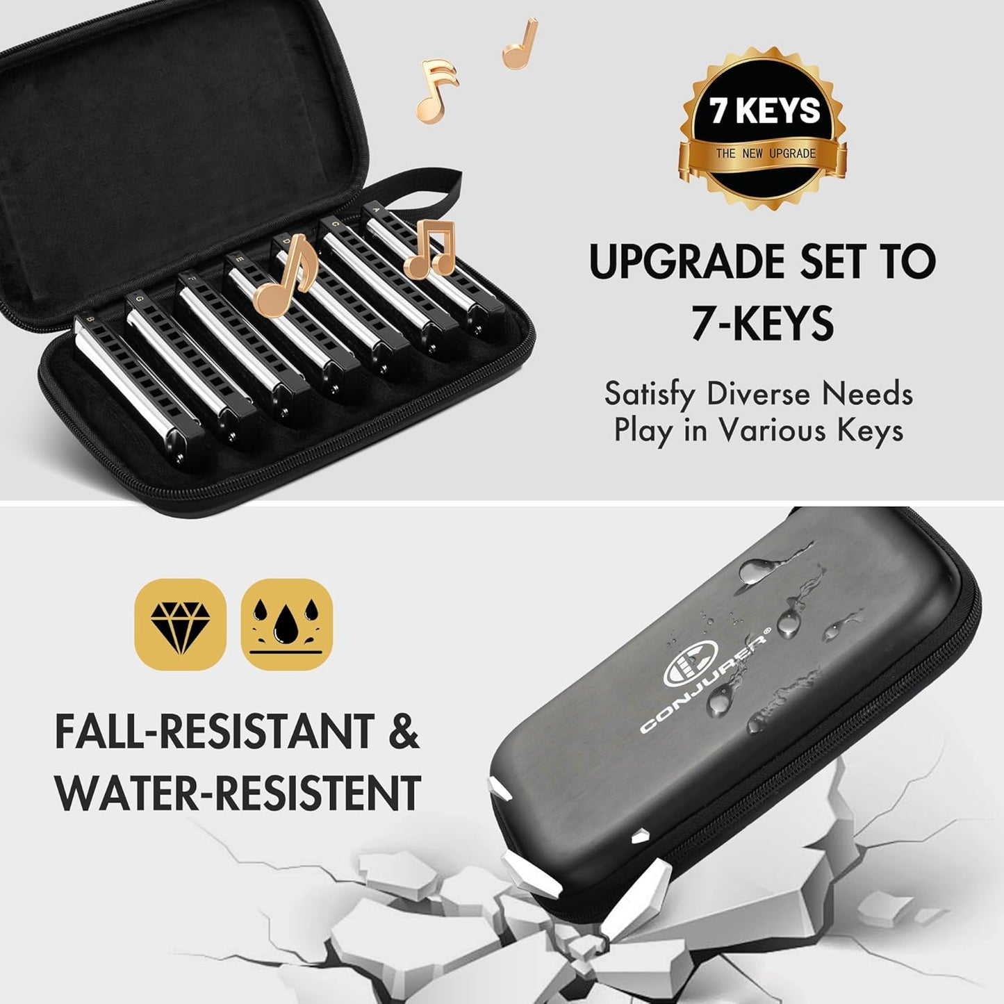 CONJURER Blues Harmonica for Beginners, 10 Hole A Key Diatonic Blues Harp with Stainless Steel Cover & Phosphor Bronze Reeds, Professional Grade for Adults, Gifts (Silver A)