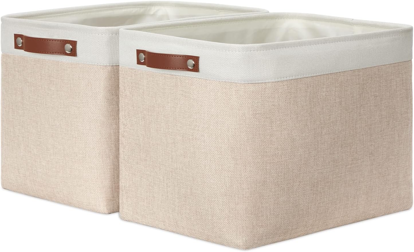 DULLEMELO 2-Pack Large Storage Baskets for Organizing 16"x12"x12" Canvas Fabric Storage Basket Bins With Leather Handles for Shelf Clothes Empty Gift Basket (White&Khaki)